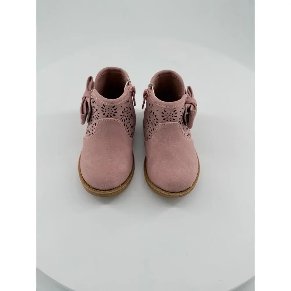 NWT Girls Toddler Shoe Size 5 Pink Ankle Bootie Suede Bow Perforated Pattern